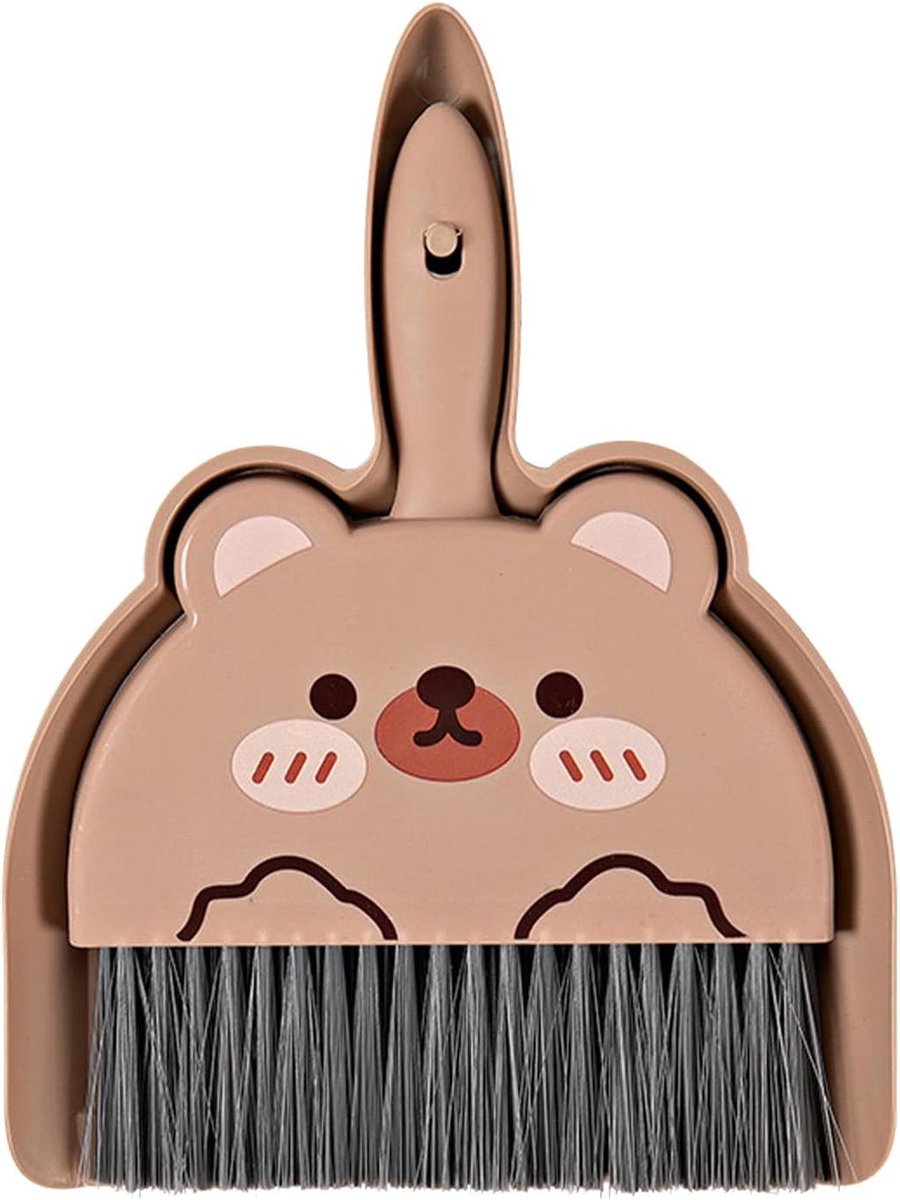 Mini Stoffer en Blik - Handreinigingsset - Bureau Schoonmaken - Geïntegreerde Opbergclip - 24 x 17 cm - Beer