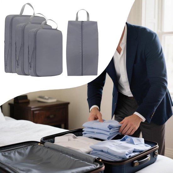 Reis Compressietassen - Koffer Organizers - Ruimte Besparen - Waterdichte Gabardine - 4 Stuks - Grijs — afbeelding 3