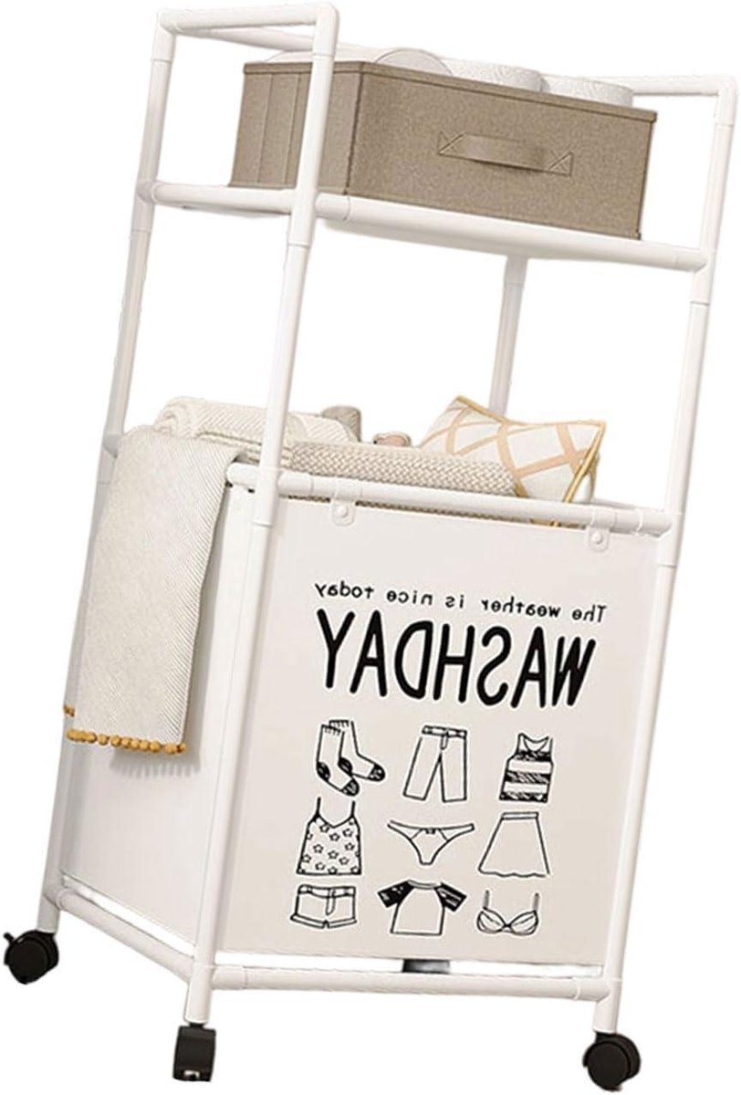Wasmand met Wielen - Kleding Sorteren - Opbergen en Organiseren - Verwijderbare Planken - 42 x 31 x 103 cm