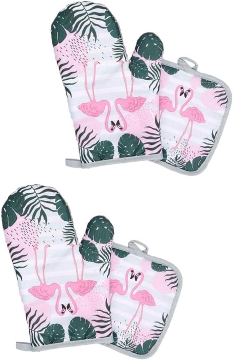 Bakhandschoenen en Mat - Ovenwanten Keukenhandschoenen - Bescherming tegen Hitte - Flamingo Printontwerp - 28 x 17 cm - Gekleurd