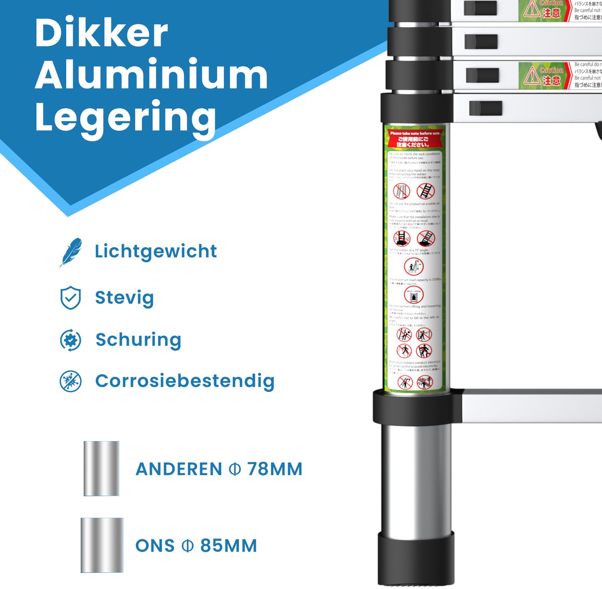 FelixKing aluminium telescopische ladder met stabiele haak, inklapbare ladder van 2,6 tot 5 meter met antislipvoetjes, lichtgewicht draagbare uitschuifladder voor huishoudelijk en buitengebruik, draagvermogen van 136 kg voor thuis, zolder en vliering – foto 3