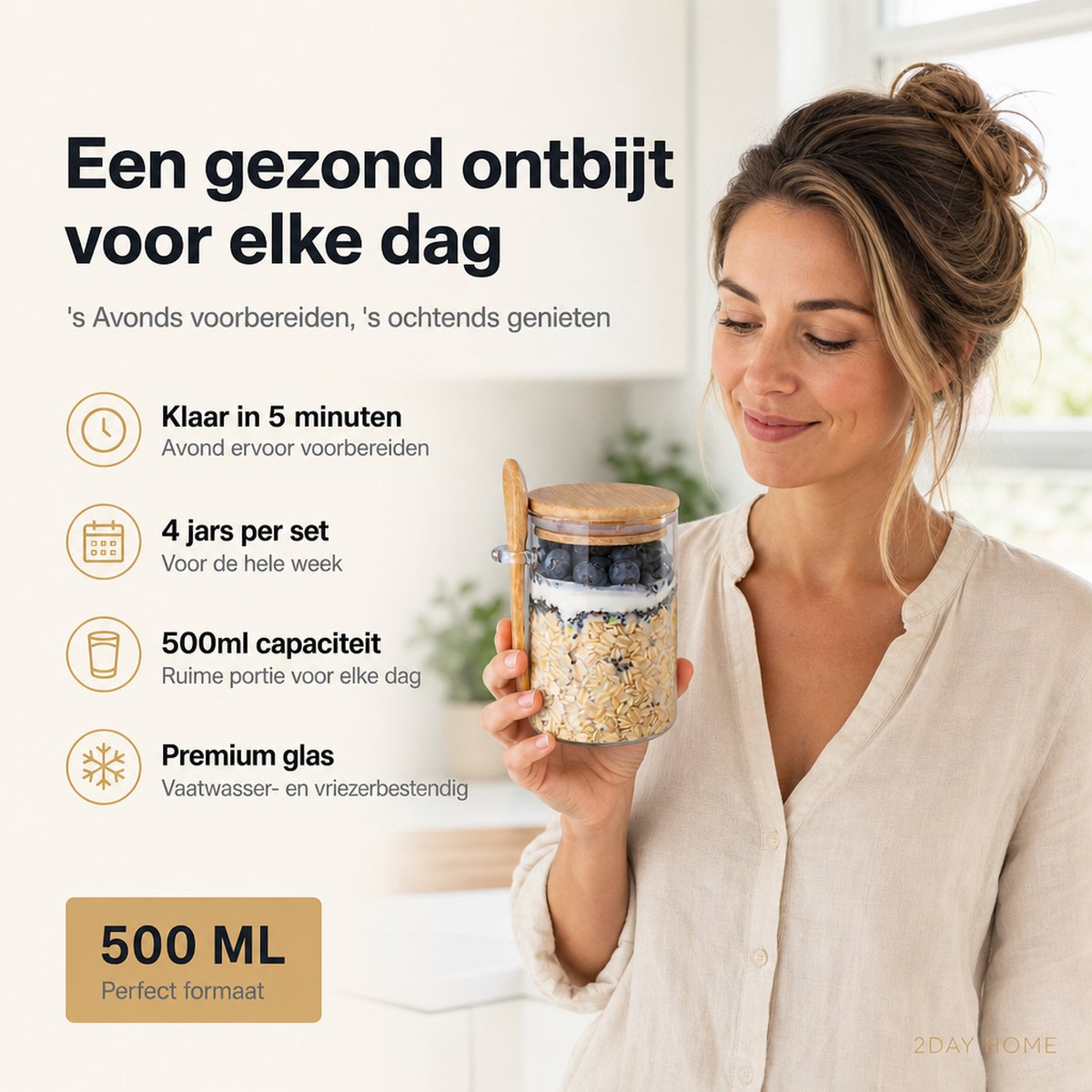 2DayHome Overnight Oats Potjes Glas - Set van 4 met Bamboe Deksel en Lepel - 500 ml - Luchtdicht - Muesli Beker - Yoghurtbeker - Lunchpot - Havermout Ontbijtpotjes - Meal Prep Glazen Voorraadpotten met Deksel - Incl. Receptenboek — cadeau in Kookcadeaus - foto 3