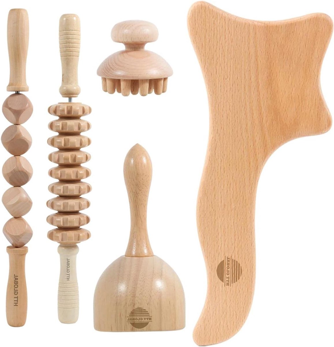 Houten Massage Set - Lymfedrainage Tools - Lichaams Sculptuur - 5 Delige Set - Diverse Maten - Houtkleur