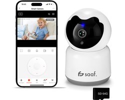 Caméra de sécurité intérieure - Caméra pour animaux de compagnie avec application - Full HD et vision nocturne - Wi-Fi et carte SD de 64 Go - Suivi de mouvement et détection sonore - Blanc - Saaf