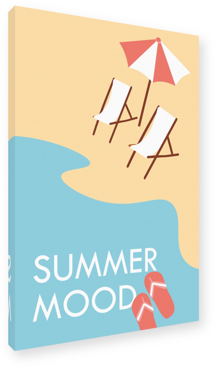 Zomer Strand Schilderij 40x60 cm - Canvas op Frame Wanddecoratie - Ligstoelen Parasol Kunstdruk - Vakantie Sfeer