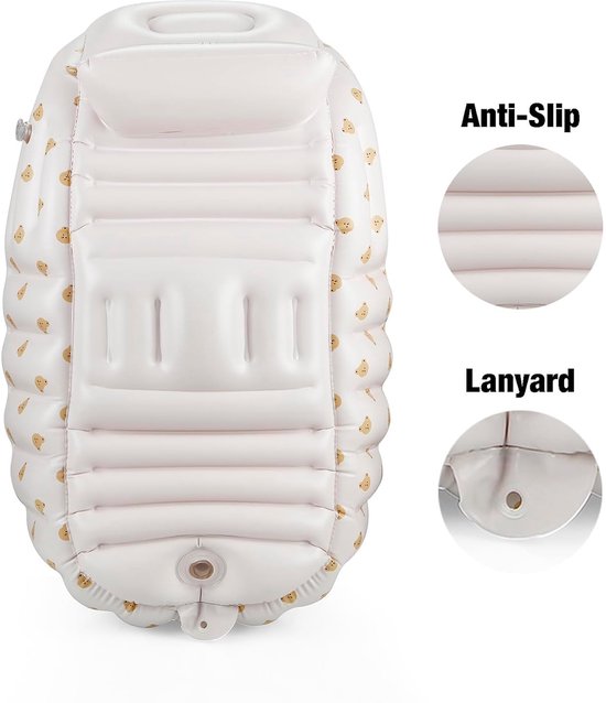 Opblaasbaar babybadje met geïntegreerde ingebouwde luchtpomp - Geen externe pomp nodig - Antislip, draagbaar peuterbadje - Reisvriendelijk, opvouwbaar babybadje voor pasgeborenen tot 24 maanden (Beren) — afbeelding 3