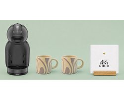 KRUPS NESCAFÉ Dolce Gusto MiniMe KP120810 - Koffiecupmachine - Antraciet / zwart + 2 grijsgestreepte mokken met oor + witte tegel "Jij bent goud" + tegelhouder