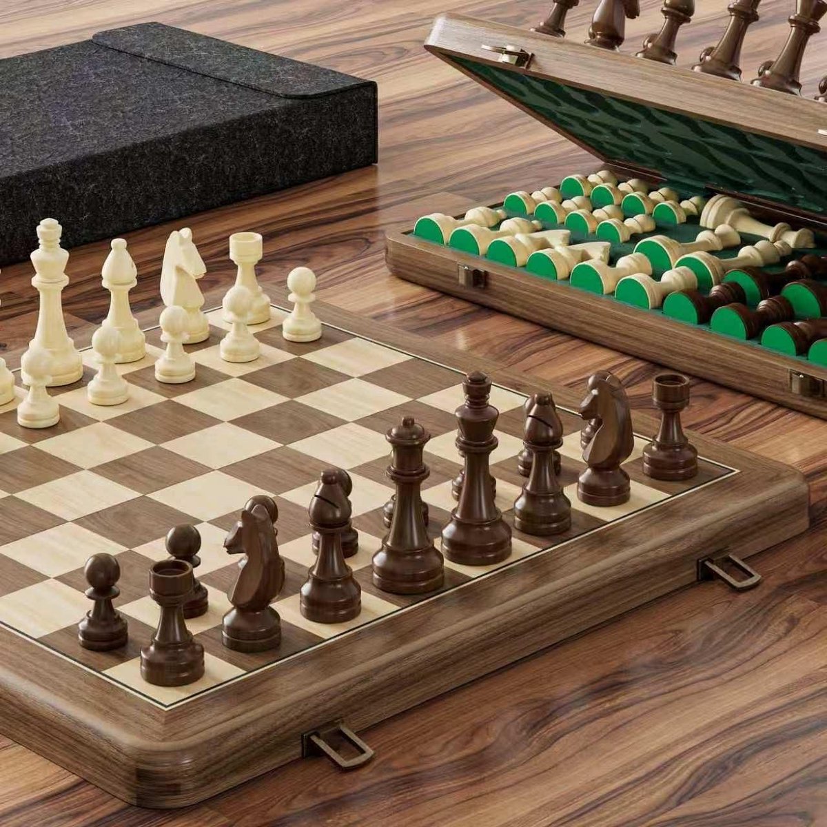 Schaken Walnootlook - Strategie Spel - Familie Spelletjes - Duisgroen Design - 38x38 cm - Groen Bruin