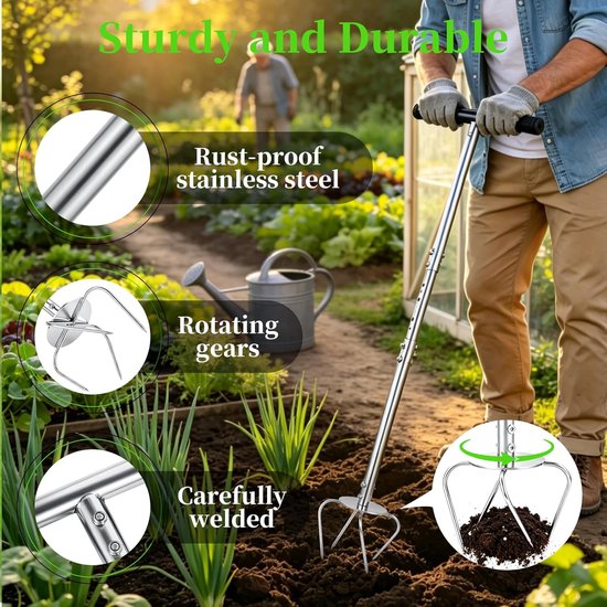 Tuinklauw met steel, onkruidsteker, tuingereedschap, klein, in hoogte verstelbaar, voor het losmaken van de grond in de tuin — afbeelding 2