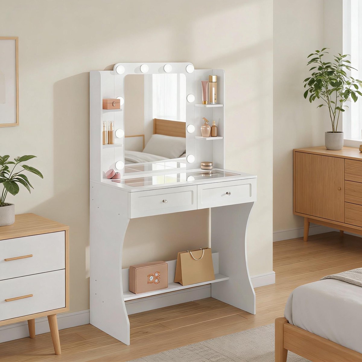 MODFU Kaptafel Met Spiegel En Driedubbele Ledverlichting - Met Opbergruimte En Glazen Blad - Modern - MDF - Wit - 80 X 135 X 40 Cm