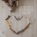 Een hond kijkt naar een hartvorm gemaakt van verschillende gedroogde hondensnacks, waaronder visjes en botten.