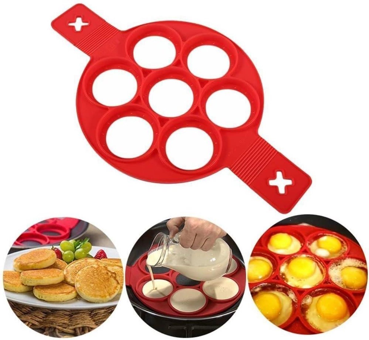 Pannenkoekenvorm Siliconen - Eivorm Bakvorm - Ontbijt Maken - 7 Gaten Ontwerp - Vaatwasserbestendig - Rood