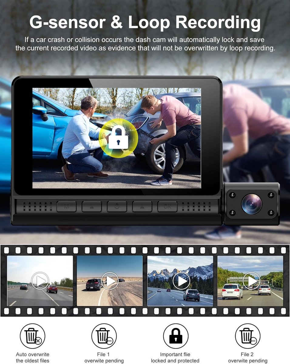 Auto Camera Set - Dashcam Recorder - Veilig Rijden - 3 Kanalen Opname - 4 Inch Display - Zwart – foto 4
