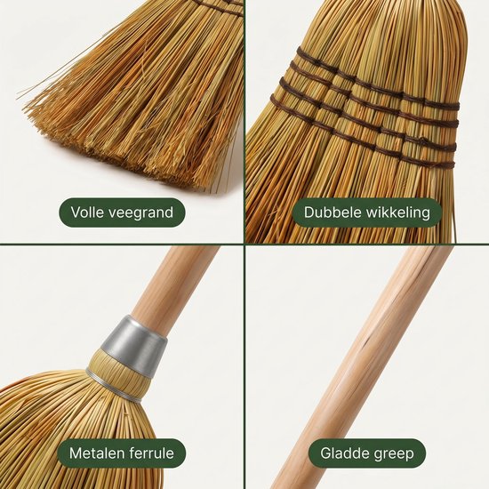 Cheqo® Strobezem - Rijststrobezem - Stro Bezem met Steel - Buitenbezem - Tuinbezem - Terrasbezem - Bladbezem - Bezem voor Buiten - Veegbezem - Heksenbezem - Bezem met Houten Steel voor Tuin en Terras - Bladeren Vegen van Cheqo — afbeelding 2