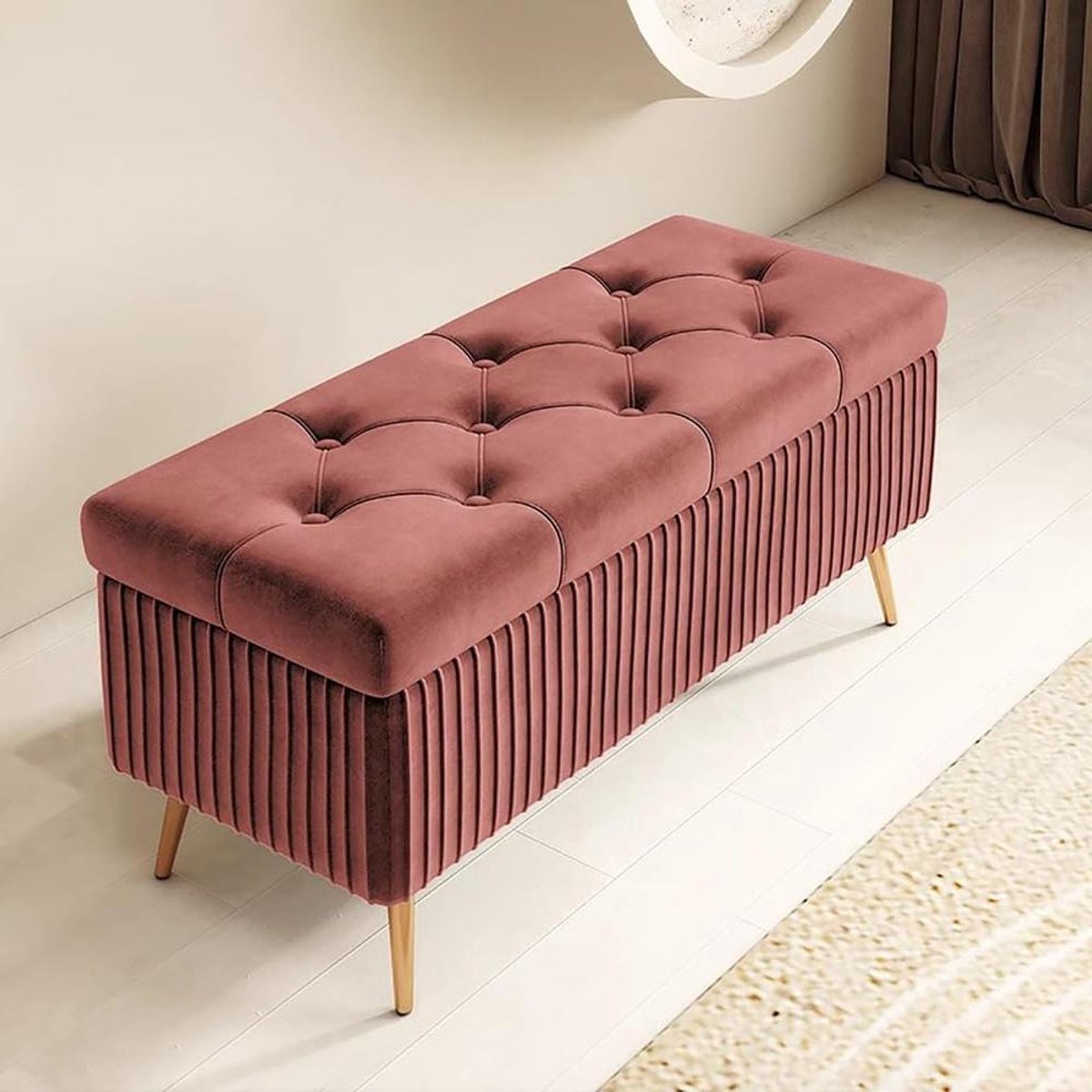 Luxe fluwelen opbergbank, rechthoekige poef met metalen poten, omkeerbaar dienblad met deksel, voetkruk voor woonkamer, slaapkamer, ingang - 60 x 40 x 45 cm (24 x 16 x 18 inch)