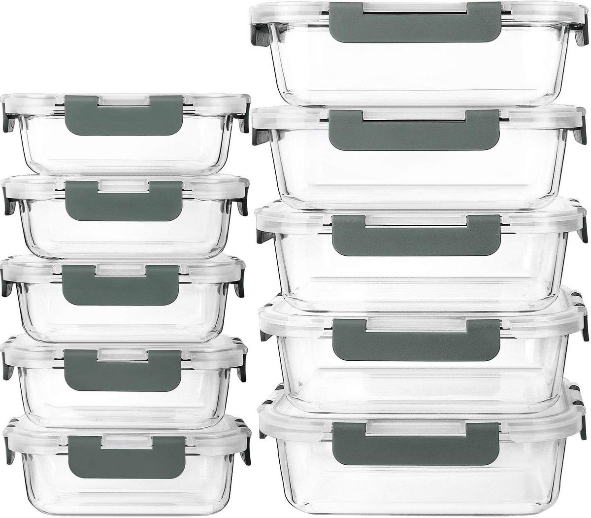 Pakket van 10 glazen maaltijdbereidingscontainers met deksels. Glazen voedselopslagcontainers met levenslange klikvergrendeling deksels, luchtdichte lunchcontainers. Geschikt voor magnetron, oven, vriezer en vaatwasser