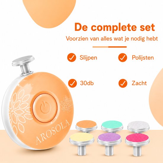AROSOLA® Elektrische Baby Nagelvijl - Baby Manicure Set - Veilig Nageltjes Vijlen - 6 Opzetstukken - Fluisterstil - Oranje van Arosola — afbeelding 2