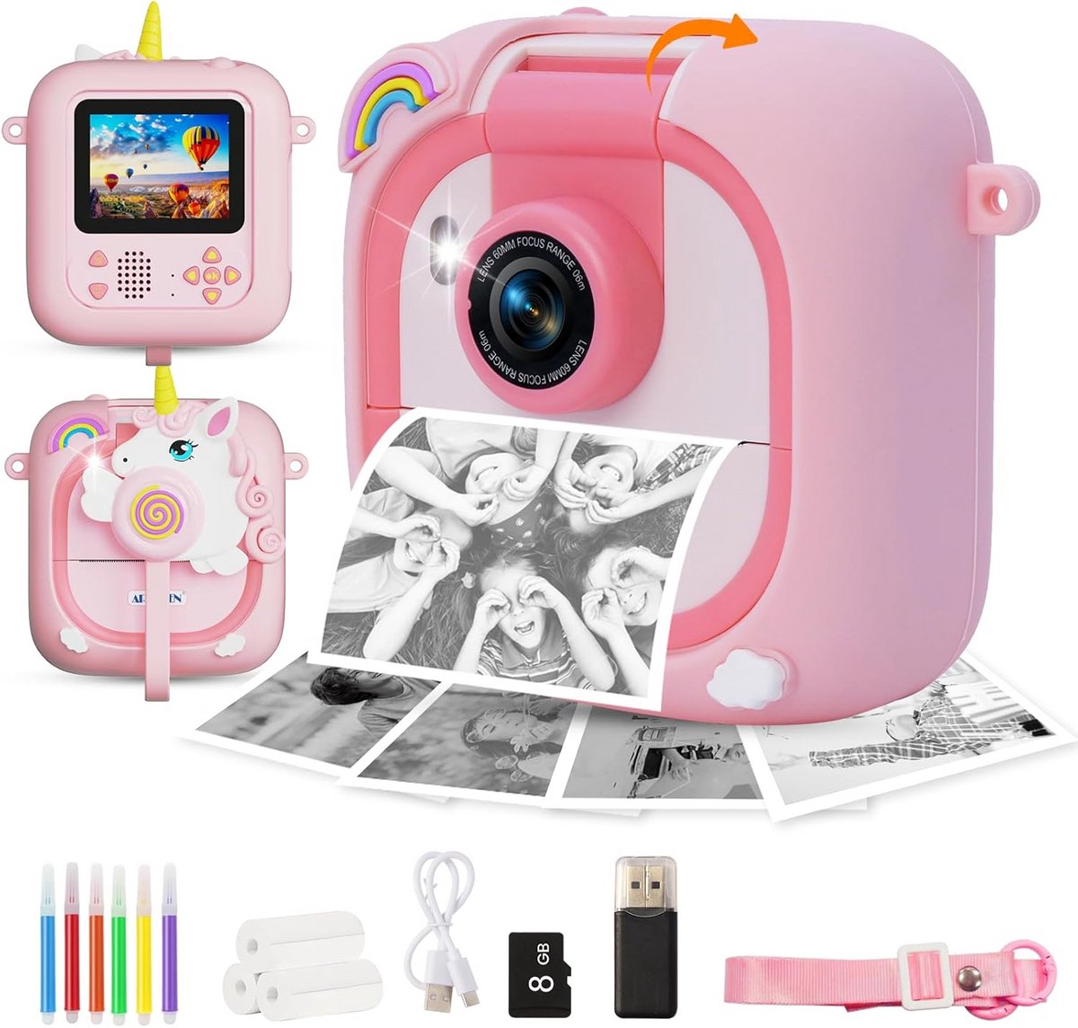 Kinder Camera - Directe Camera - Foto's Maken - 180° Roterende Lens - 8GB Opslag - Roze