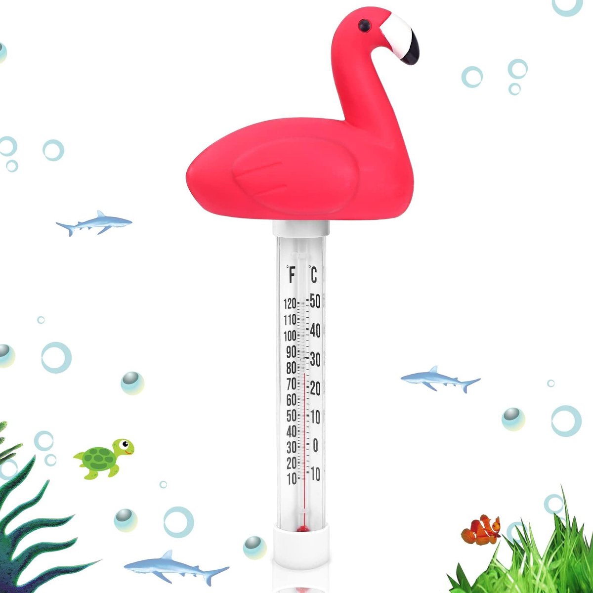 Drijvende zwembadthermometer, groot formaat, gemakkelijk af te lezen watertemperatuur, met touw - geschikt voor zwembaden, spabaden, jacuzzi's en vijvers (Flamingo-model).