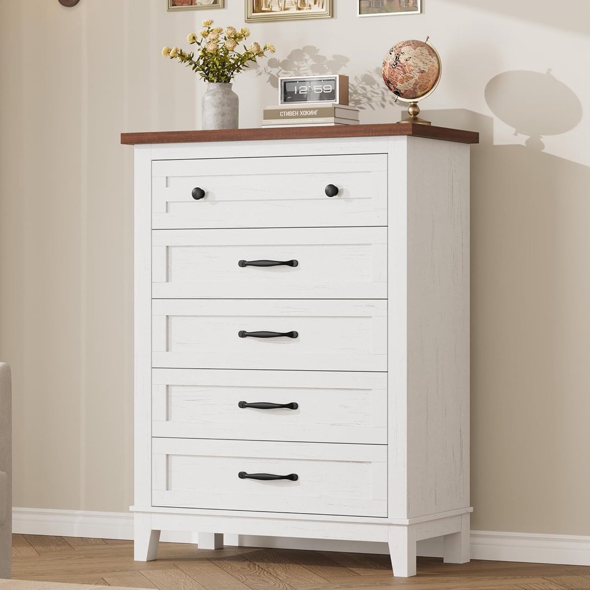 Ladekast met 5 Lades - Commode - 105 cm Hoog - Modern Design - Bruin & Wit - Opbergkast voor Slaapkamer & Woonkamer - Inclusief Anti-kantelset