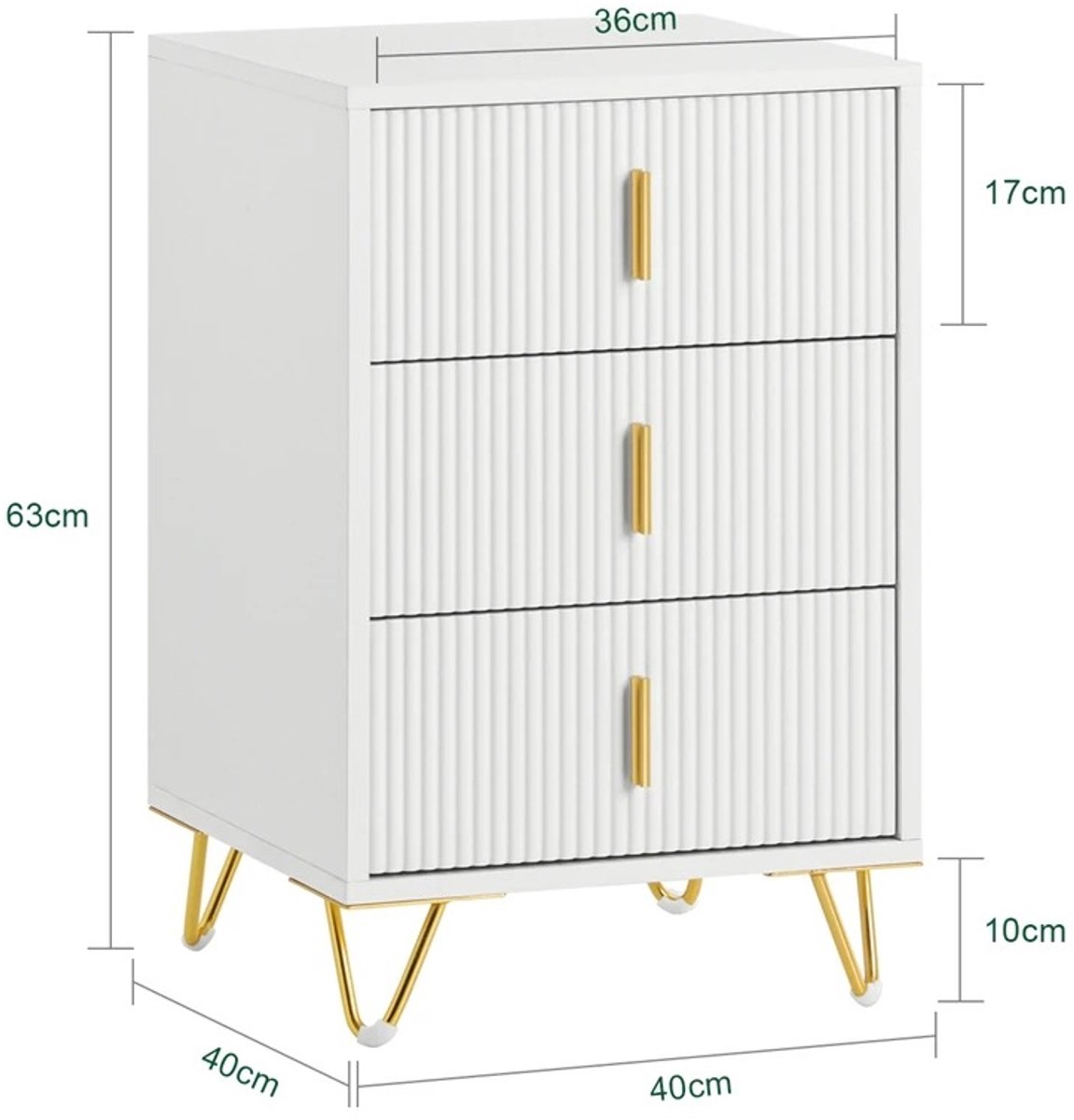 Cventrix nachtkastje - Nachtkastjes - Nachtkast - Bijzettafel - Nachttafel - 3 lades - MDF - 40x40x63 cm - 15kg - Wit - Goud