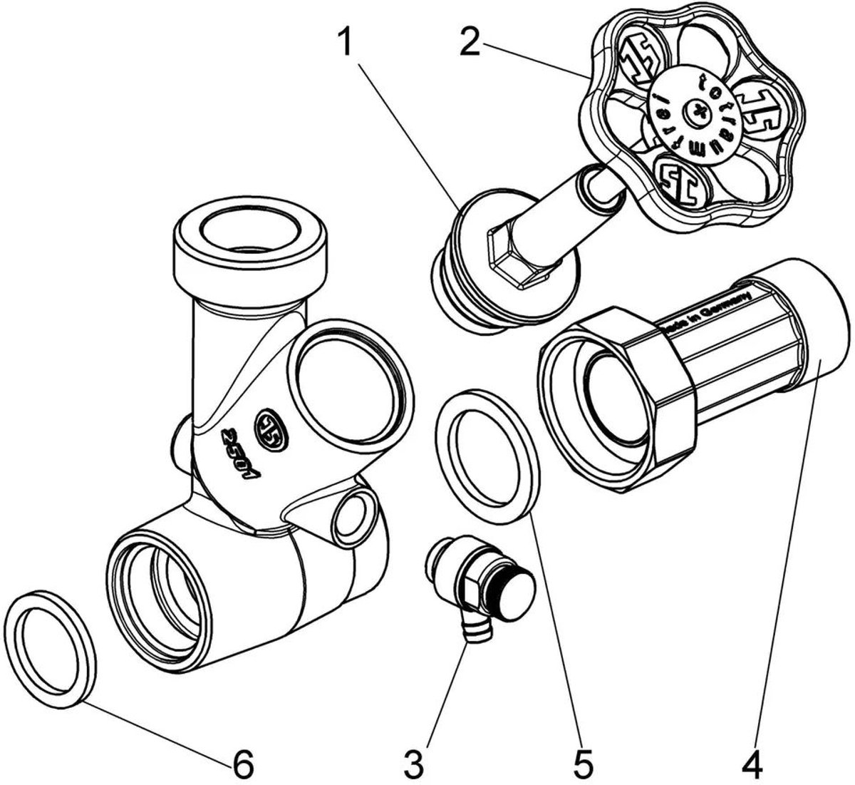 Schlösser Armaturen JS Afzonderlijk T-Ventiel, KFR-Ventiel met stijgende spindel, DN25, ingang 1'', bovenste uitgang met schroefdraad 1 1/2'', 0076002502001