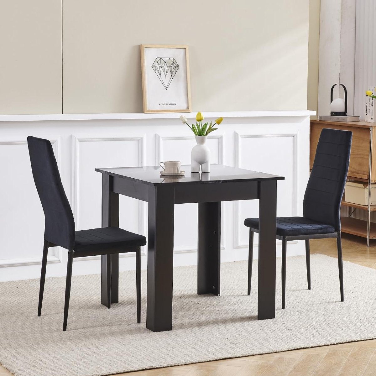 Eettafel Set - Keukenmeubels - Kleine Ruimte - Fluwelen Stoelen - 3 Stuks - Zwart