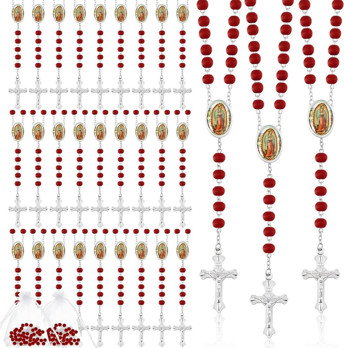 Houten Rozenkrans Ketting - Gebedssnoer met Kruis - Spirituele Begeleiding - Geurende Houten Kralen - 36 Stuks - Rood
