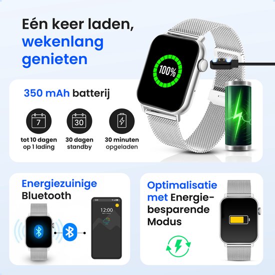 Zilverkleurige Siltcon Smartwatch Pro met magnetische oplader. Batterij van 350mAh, 7 dagen op 1 lading, 30 dagen standby.