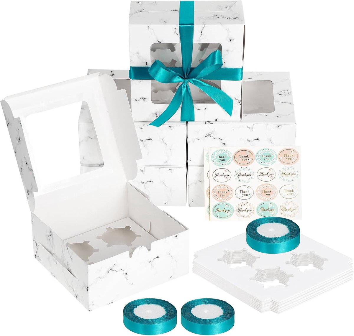 Cupcakedoosje - 40 x 30 x 40 mm - 4 gaten - Marmerwit - Met Tray en Venster - Gebaksdoos - Perfect Voor Cupcakes, Desserts en Meer - 25 stuks - Cupcakedozen - van Imperatoris