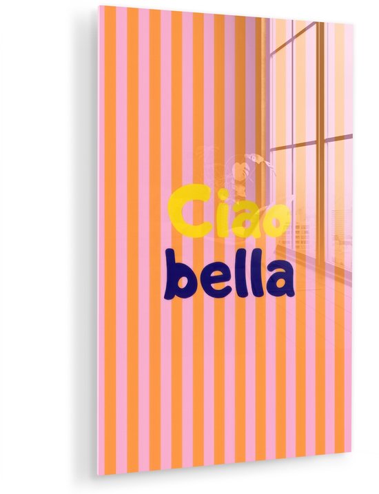 MuchoWow® Glasschilderij 20x30 cm - Schilderij acrylglas - Verticaal - Strepen - Oranje - Ciao bella - Foto op glas - Muurdecoratie woonkamer - Wanddecoratie slaapkamer - Schilderijen