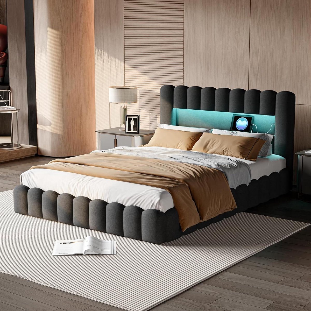 Bed 180x200 cm Tweepersoonsbed met Hydraulische Opbergruimte, LED Verlichting, USB, Hoofdbord met Opbergvak, Gestoffeerd Linnen Bedframe, Grijs – Vermissen