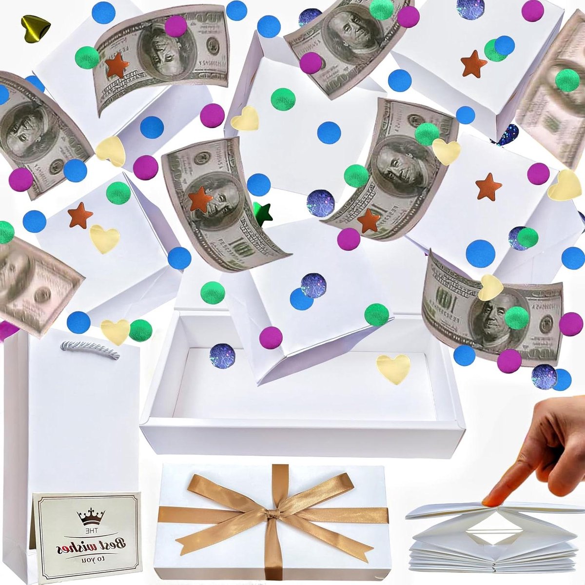 JINSTABAG Verrassingsdoos geschenkdoos voor geld, doe-het-zelf unieke opvouwbare stuiterende geschenkdoos met confetti, verrassingsgeschenkdoos explosie voor verjaardag, jubileum, Valentijnsdag. (wit)