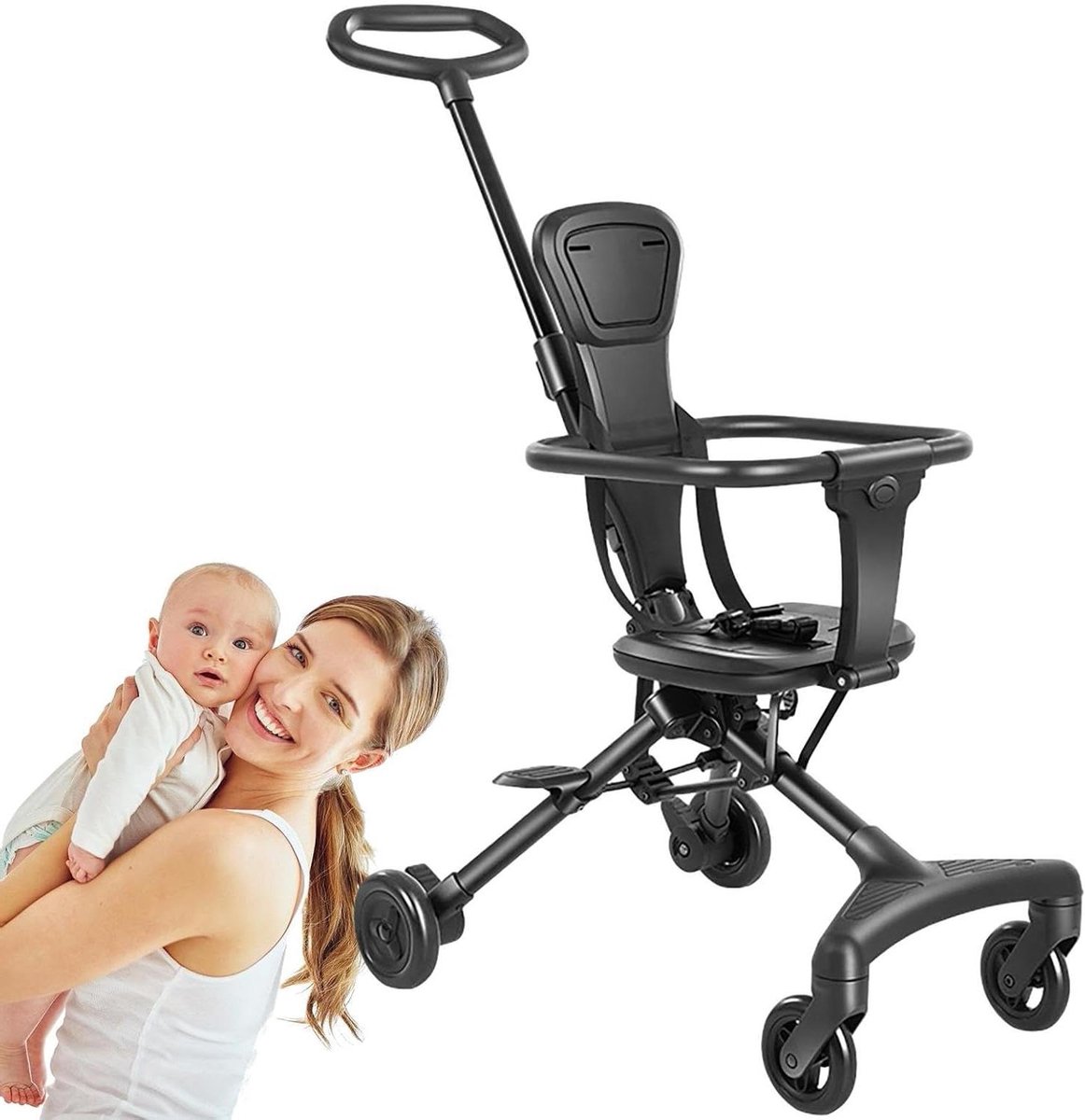 Kinderwagen Houder - Reiswagen Lichtgewicht - Veilig Wandelen - 360 Graden Zitting - Opvouwbaar Ontwerp - Zwart