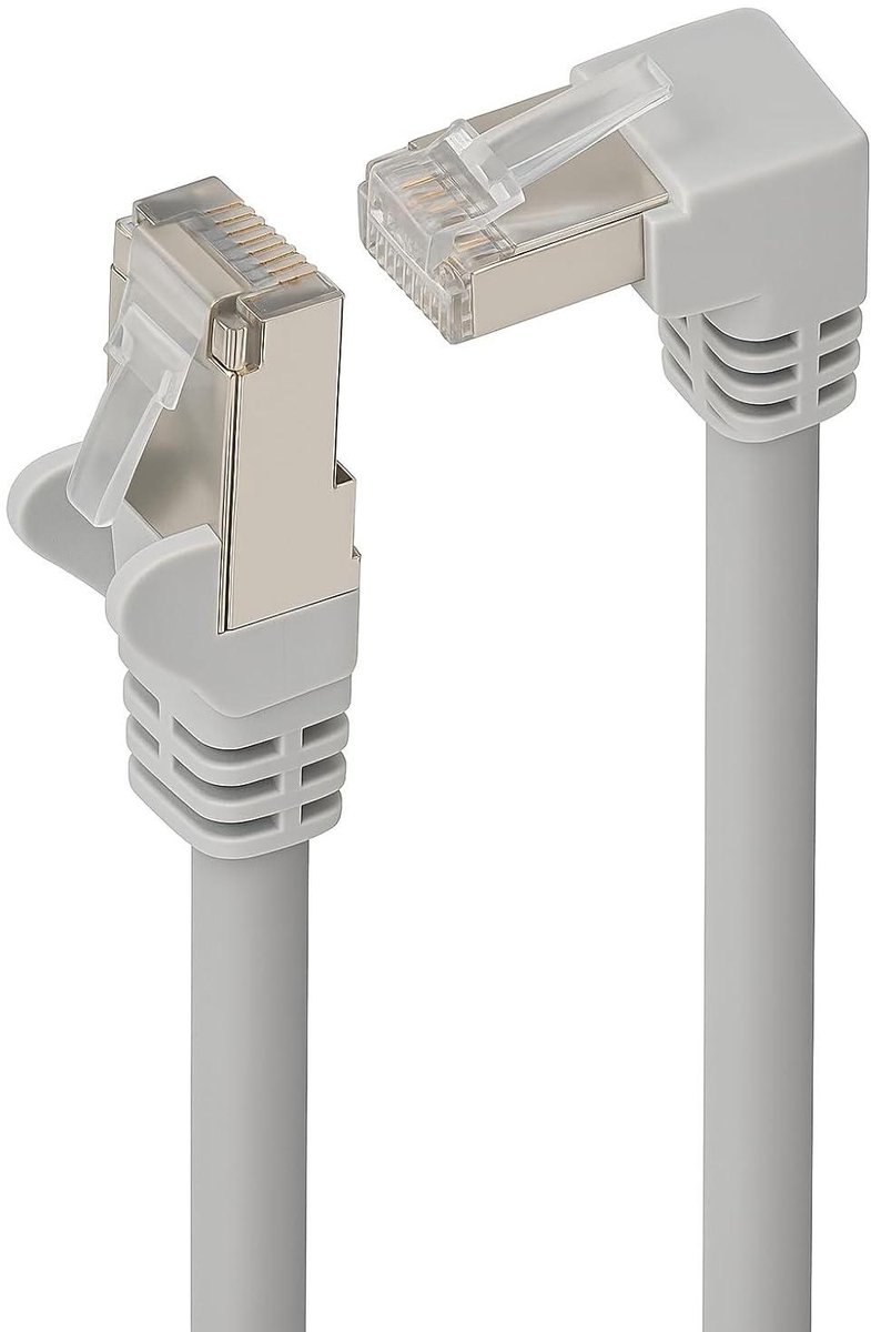 Cat 6 90° LAN-kabel - 2,0 m - grijs - ethernetkabel S/FTP PIMF - RJ45 hoekconnector - Gigabit patchkabel voor routers, schakelaars en smart-tv's