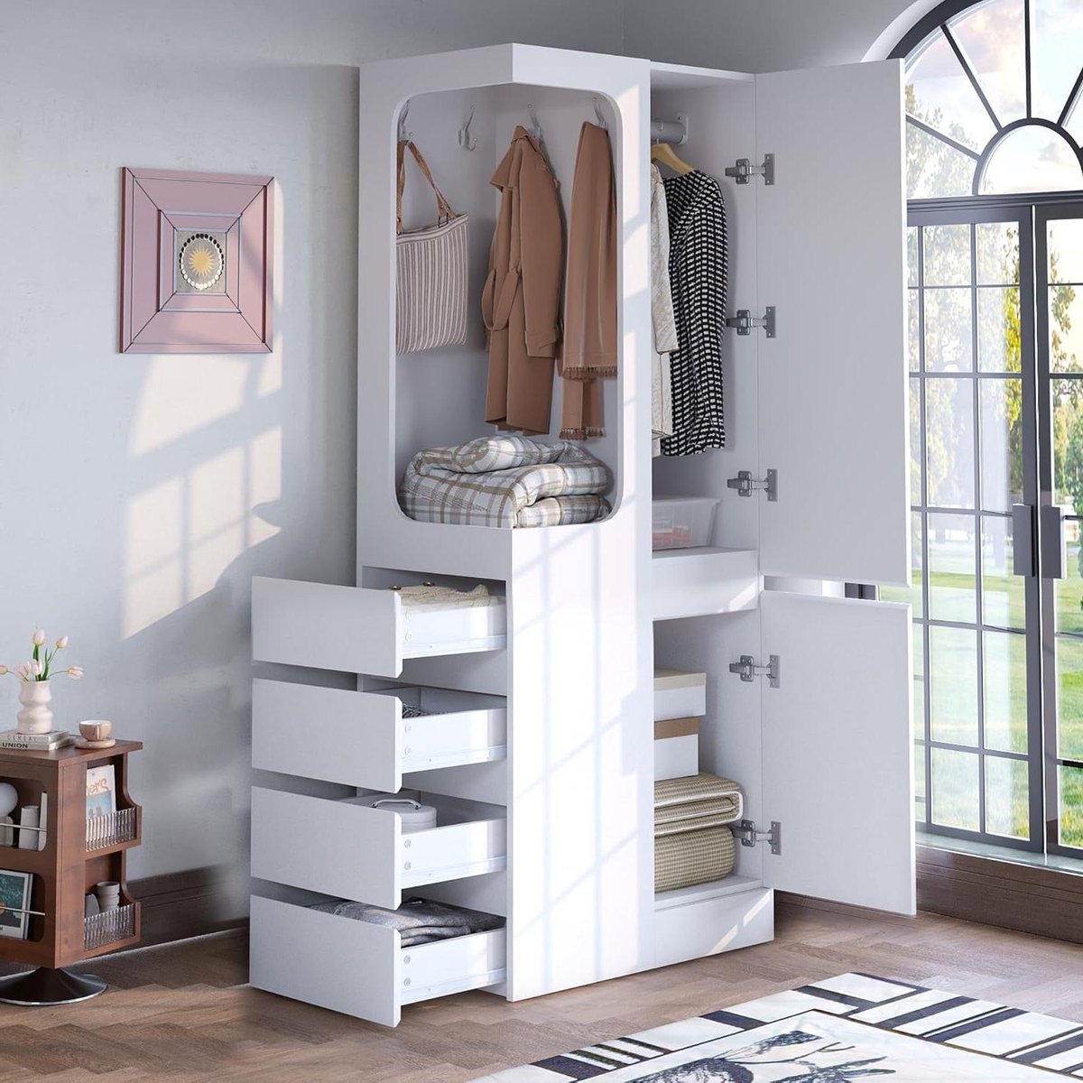 Kledingkast met laden - Opbergkast Garderobe - Ruimte Ordenen - Open Kledingruimte - 70x40x170cm - Wit