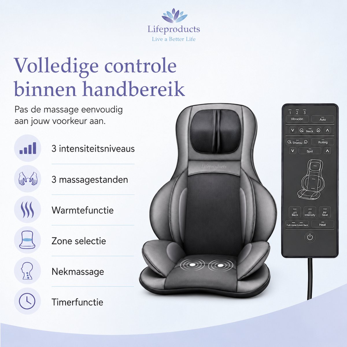 Lifeproducts Massagestoel - Rugmassage Apparaat - Shiatsu Rug Massagekussen - Massage Apparaat voor Nek en Rug - Massage Stoel met Infrarood Verwarming thumbnail 6