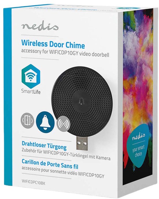 Doos Nedis draadloze deurbelaccessoire met opdruk SmartLife en kleurrijke verfspatten.