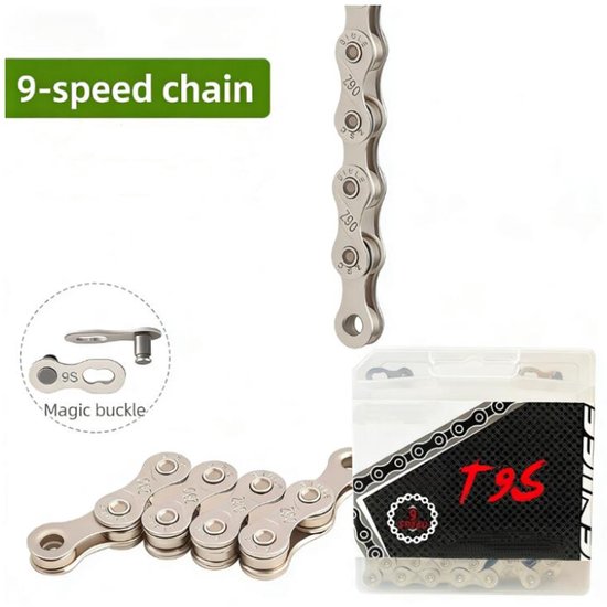 Zilverkleurige 9-speed fietsketting met 116 schakels, inclusief magische gesp. Opdruk '9S' op gesp.