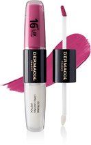Zwarte en witte lippenstift verpakking met een roze lippenstift applicator. Een veeg roze lipstick eronder.