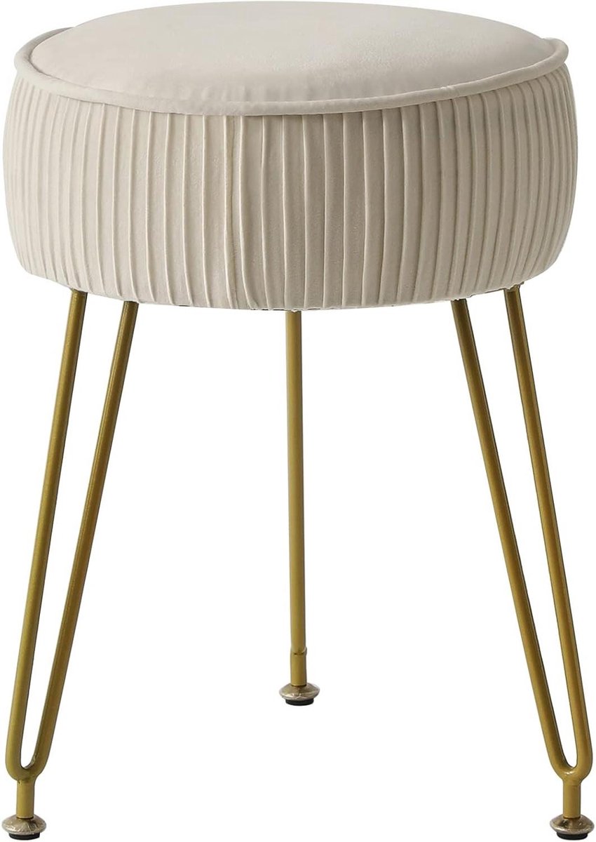 IBUYKE Velvet Round Footrest Stool Ottoman,Makeup Dressing Table Side Table,Velvet Dressing Table Chair,Pouffe Sofa Stool,Gold Steel Legs,Cream White L/G-30M
