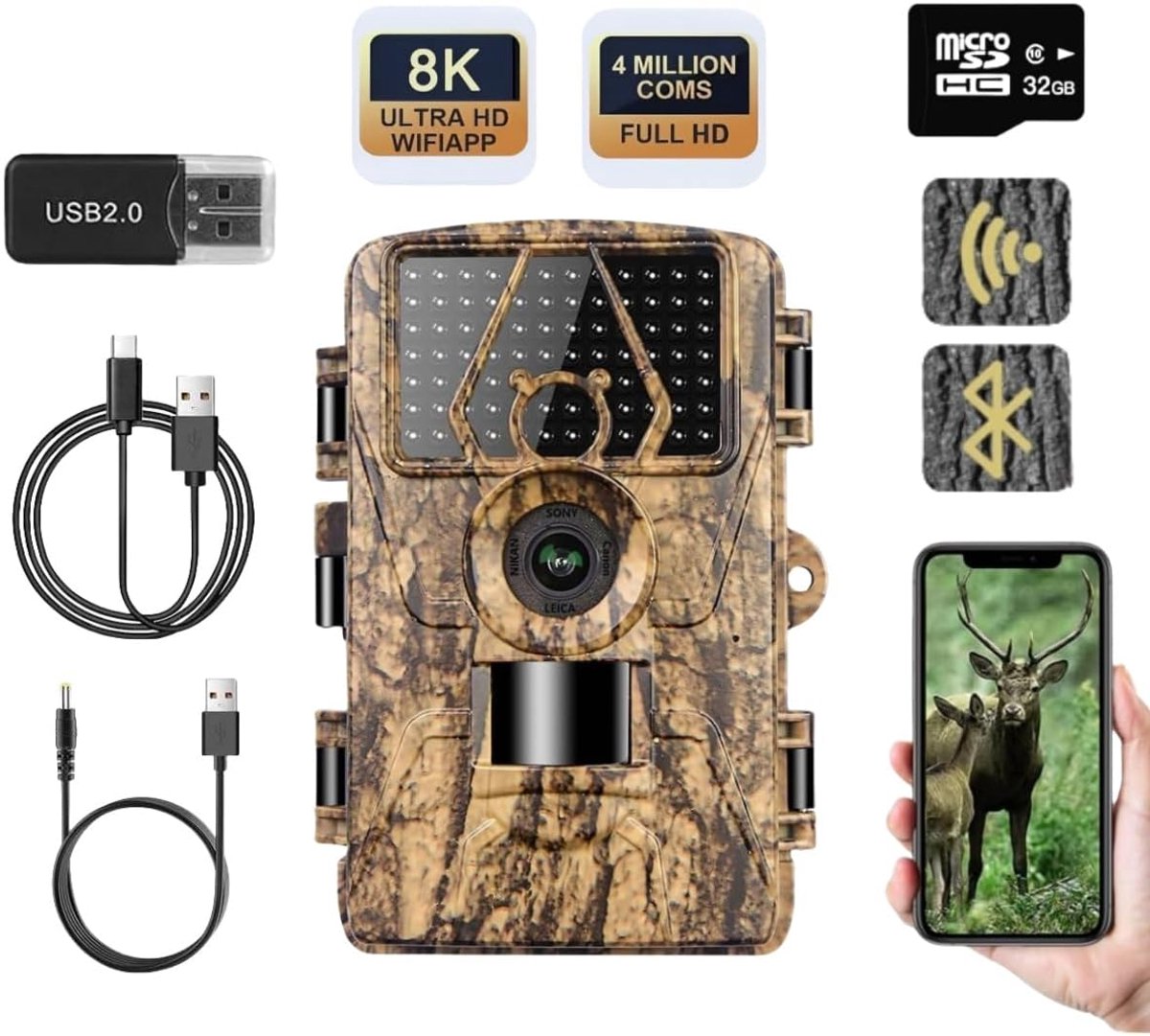 Wildcamera met WiFi - Nachtzicht Camera - Natuurlijk Leven Observeren - 8K Video en 60MP Foto's - 120° Groothoek
