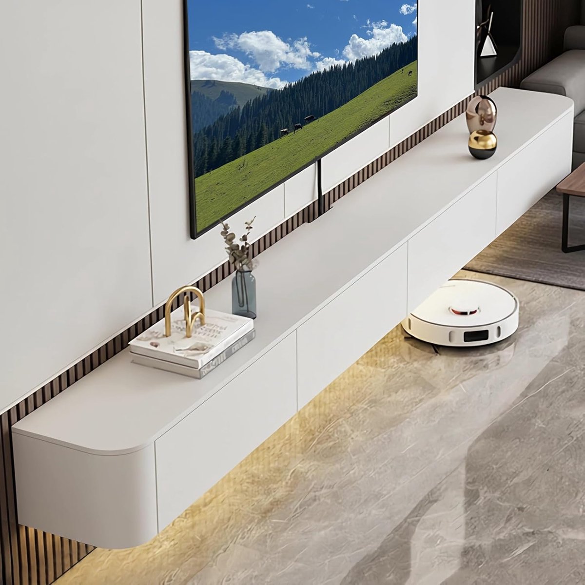TV Meubel Hangend 140 cm Wit – Zwevend TV Meubel met Opbergruimte, Laden en Kabelmanagement – Wandgemonteerde TV Kast van Hout voor Woonkamer, Slaapkamer en Kantoor – Mobili Bella