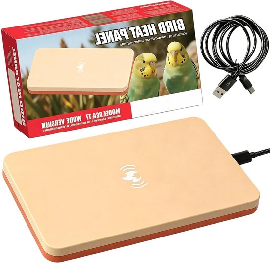Beige en oranje vogelverwarmingspaneel met bijbehorende verpakking en zwarte USB-kabel.