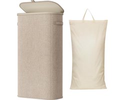 Smalle Wasmand 75L met Deksel – Opvouwbare Wassorteerder met Kunststof Frame – Grote Wasverzamelaar voor Slaapkamer & Badkamer – Beige