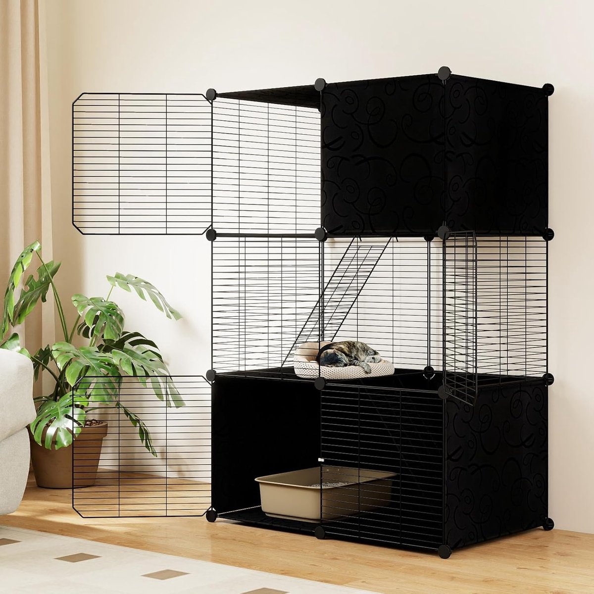 Kattenkooi - Grote Kattenren met 3 Verdiepingen - Kattenverblijf Binnen & Balkon - 110 cm Hoog - Kattenhut met Afneembare Catio Speelplaats & 2 Hellingen - DIY Metalen Draadkooi voor Katten & Kleine Dieren - 74x47x110 cm - Zwart
