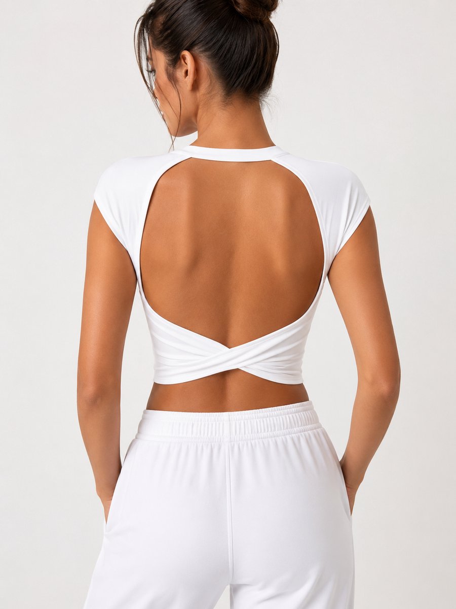 SparkNine Baremove rugloze crop T-shirt - M - wit - cap-mouwen - korte top - stijlvol & luchtig