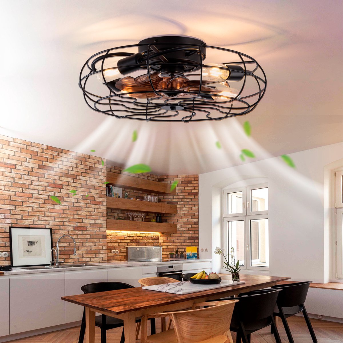 Gutent - Zwarte kooi plafondventilator met laag profiel - 48cm - Met licht - 6 snelheden - DC motor - Met afstandsbediening - Voor kleine ruimtes