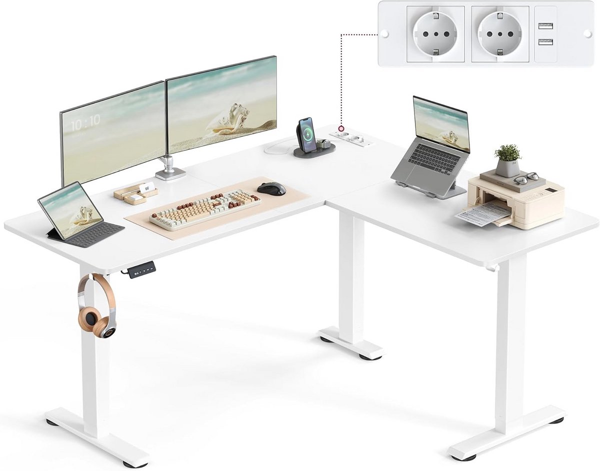 In hoogte verstelbaar bureau - Hoekbureau Zit-sta - Thuiswerkplek Inrichten - Met Geheugenfunctie - 140 x 160 cm - Wolkenwit Matwit