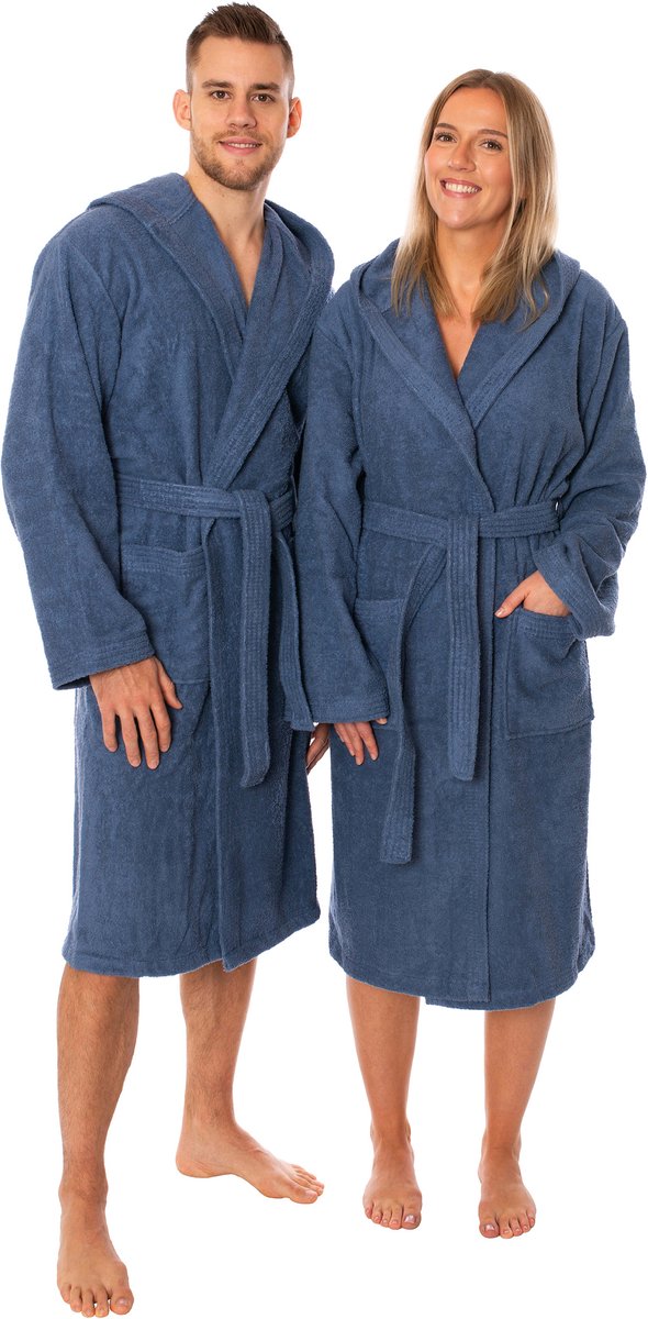 Lavea® Badjas Dames & Badjas Heren van 100% Katoen – Zachte Badjas van Badstof met Capuchon, Unisex Design, Ideaal voor Sauna & Thuis - L - Marineblauw